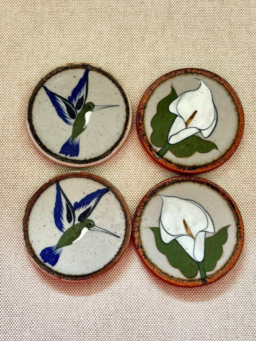 Talavera Pottery Coasters 2 Hummingbird & 2 Calla Lily Ceramic Set of 4